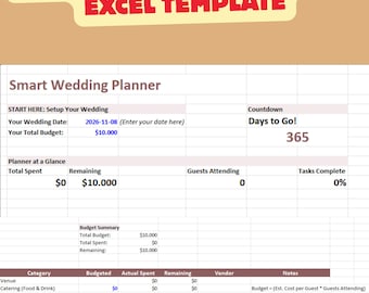 Smart Wedding Planner Excel Template | Budget, Checklist (Digital)