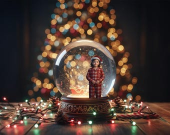Magical Christmas Snow Globe Digital Backdrop, Bokeh Lights Background, Digital Download 4k / 300dpi