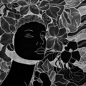 May include: A monochrome illustration of a woman's face, framed by detailed floral patterns. The artwork uses fine lines to create a striking contrast between the dark silhouette of the woman and the white floral designs. The style is reminiscent of botanical art.