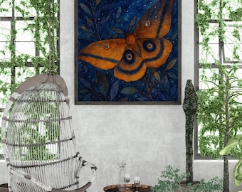 Arte de pared en acuarela de polilla celestial / Impresión de luna / Decoración boho inspirada en la naturaleza / Descarga digital imprimible