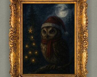 Impresión de acuarela de búho navideño celestial / Arte mural místico de invierno / Decoración navideña caprichosa / Descarga digital imprimible