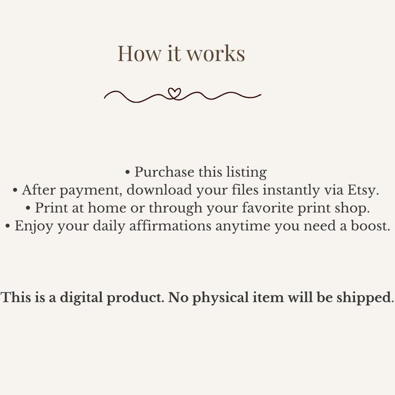 Puede incluir: Un anuncio de producto digital beige con el texto "How it works" en la parte superior. El texto describe los pasos para comprar, descargar e imprimir el producto digital. El anuncio indica que no se enviar&aacute; ning&uacute;n art&iacute;culo f&iacute;sico.
