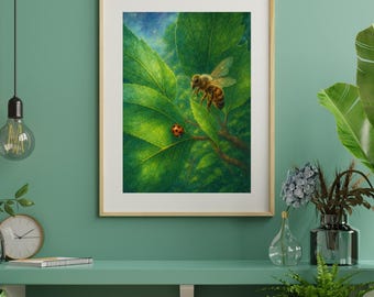 てんとう虫の水彩画プリント、自然昆虫アート、ひまわりの庭の装飾