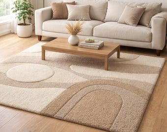 Hand-Tufted Wool Rug | Neutral Abstract Sculpted Wave Design
