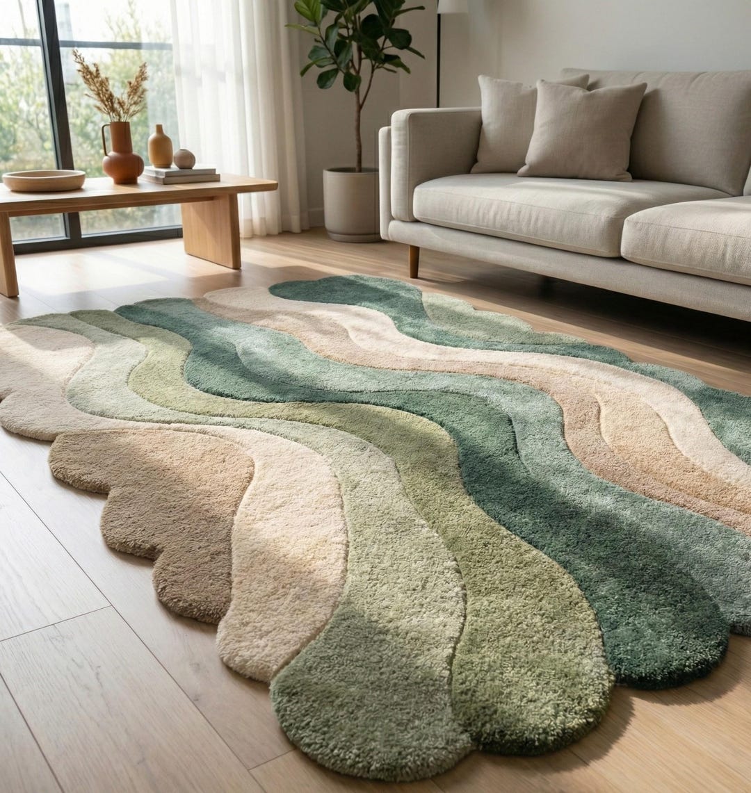 Organic Wave Hand Tufted Wool Rug – Modern Abstract Green & Beige Area ...