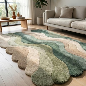 Organic Wave Hand Tufted Wool Rug – Modern Abstract Green & Beige Area Carpet, Irregular Sculpted Designer Rug for Living Room Home Décor