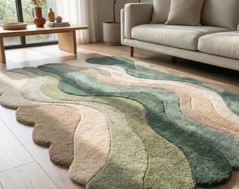 Organic Wave Hand Tufted Wool Rug – Modern Abstract Green & Beige Area Carpet, Irregular Sculpted Designer Rug for Living Room Home Décor