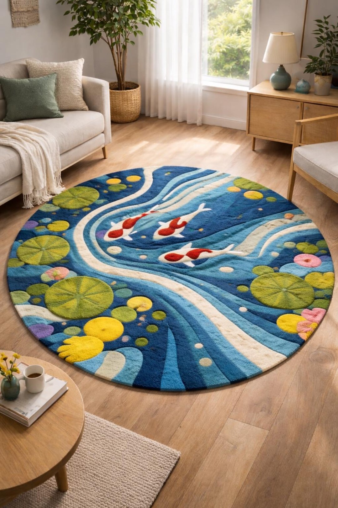 Pond Colors Rug Koi Fish Pond Round Rug — Tufted Area Rug, Japandi Living Room Rug ...