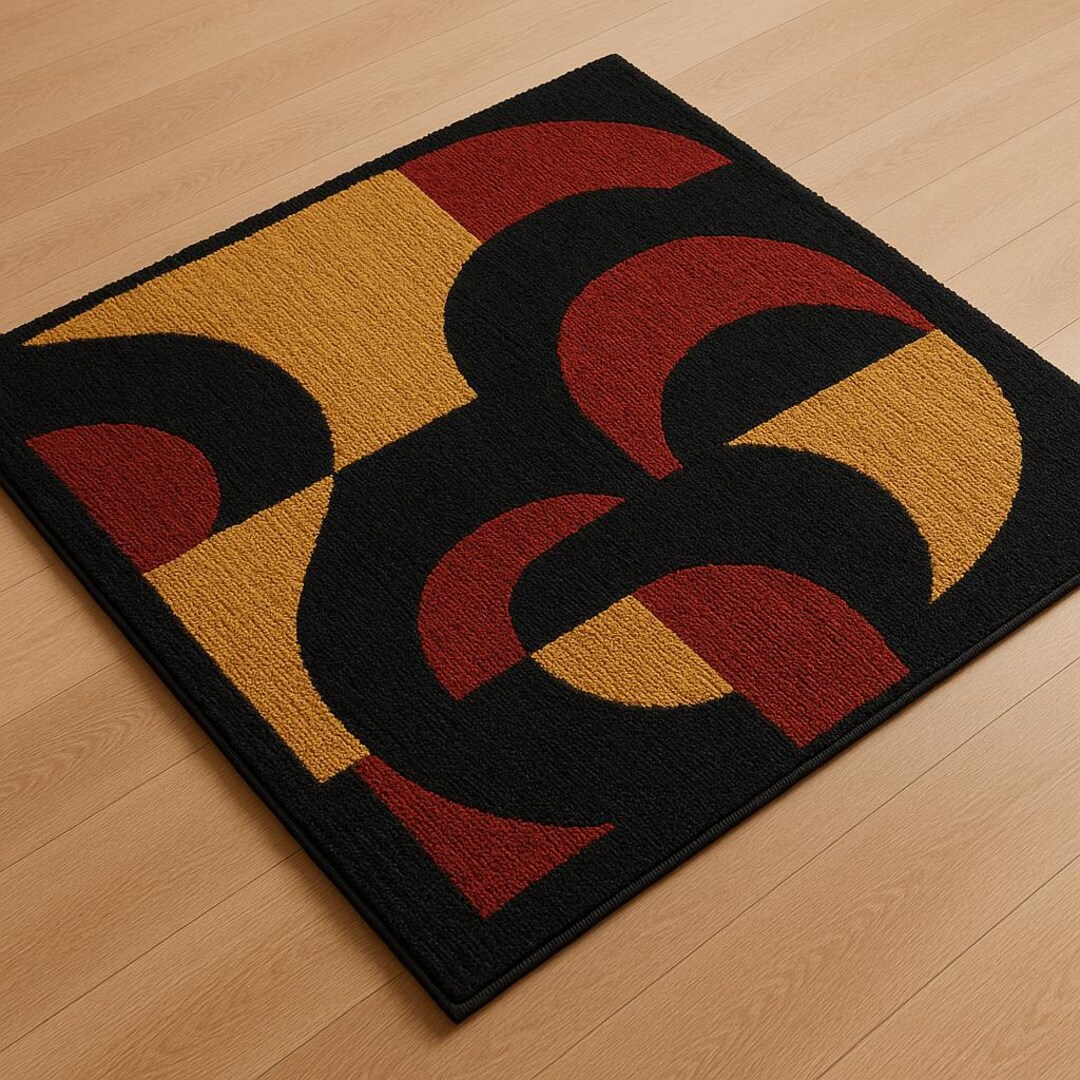 Modern Geometric Rug – Black, Mustard & Rust Abstract Pattern | Bold ...
