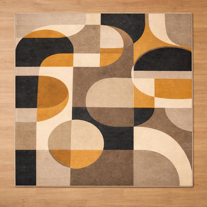 Mid-century Modern Wool Area Rug | Beige, Mustard & Black Geometric ...