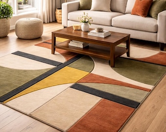 Hand Tufted Wool Area Rug Mid Century Modern Geometric  Terracotta Sage Mustard  Living Room Rug Abstract Earthy Tone Carpet Custom