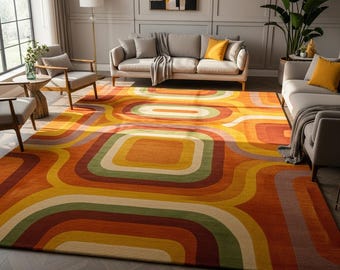Mid Century Modern Area Rug | 70s Geometric Orange Green Carpet