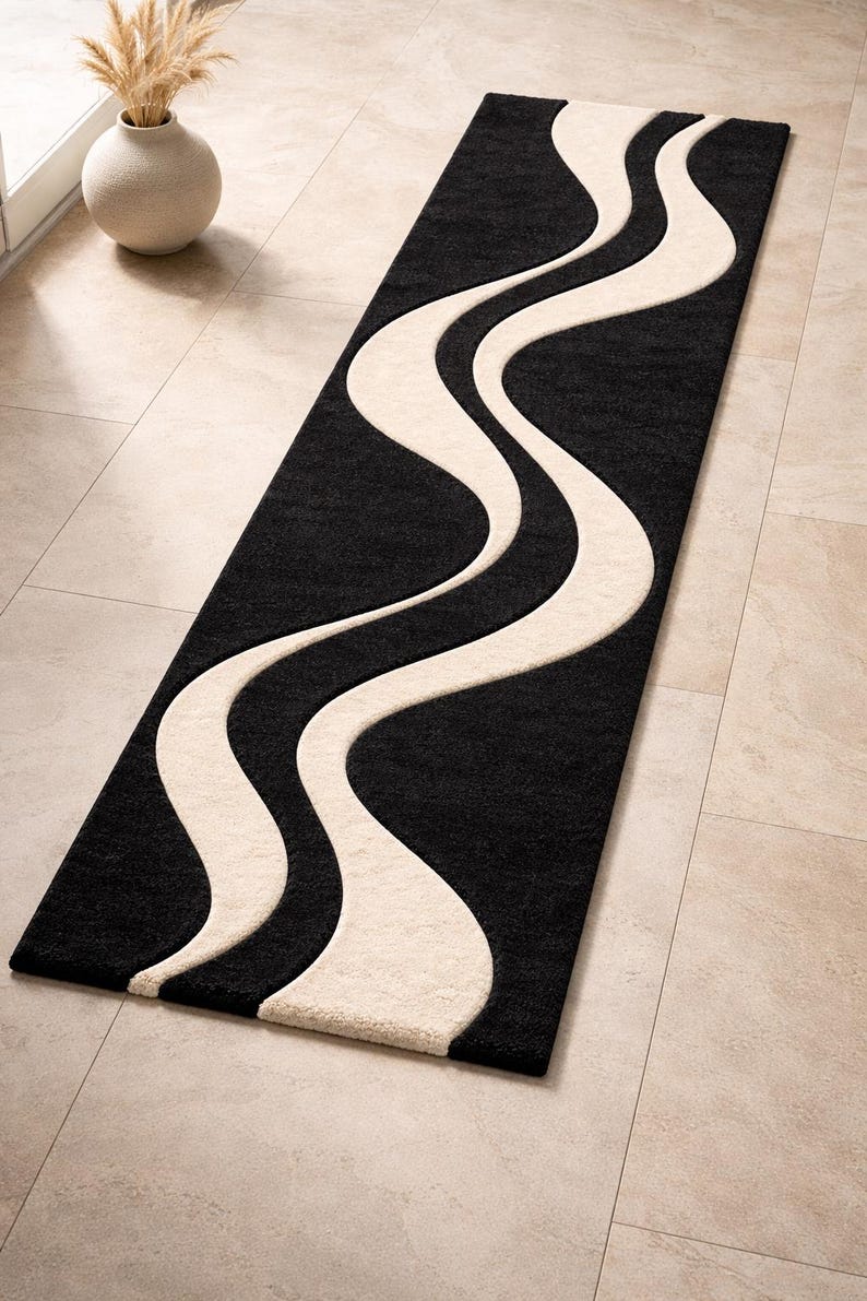 Wavy Long Rug Wavy Flow Abstract Designer Runner Rug | Modern Wavy Abstract Black ...