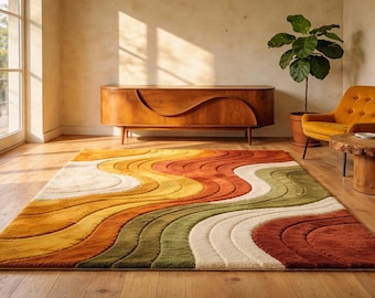 Alfombra de lana tejida a mano, ondas abstractas modernas de mediados de siglo, tonos tierra