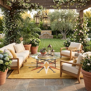 May include: Outdoor patio setting with a cream-colored sofa and armchairs, a round glass coffee table, and a yellow rug with a starburst design. The scene is surrounded by potted plants, lanterns, and a fountain.