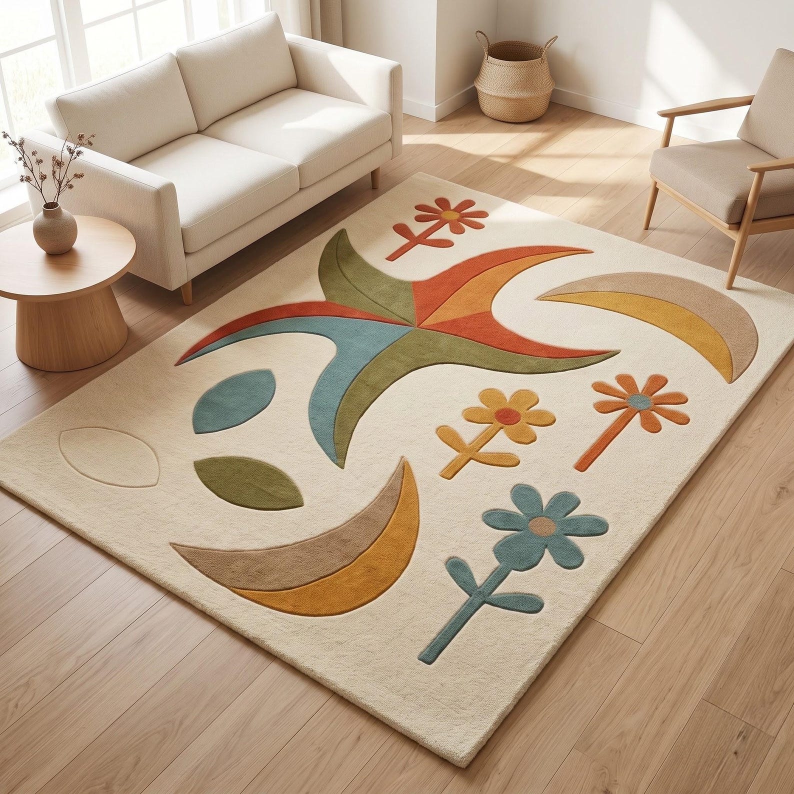 Mid Century Modern Floral Rug, Retro Botanical Area Rug, Abstract ...