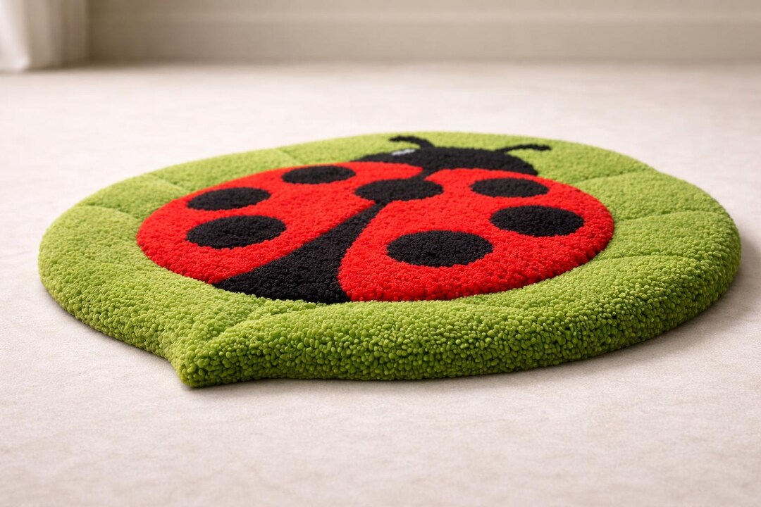 Ladybug Kids Rug, Handmade Tufted Wool Nursery Rug, Cute Insect Leaf ...