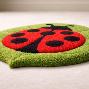 May include: A round, green rug shaped like a leaf, with a red ladybug design in the center. The ladybug has black spots and a black head. The rug is made of a soft, textured material, perfect for a child's room.