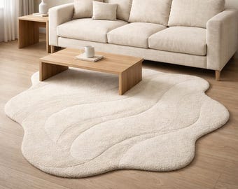 Alfombra de lana tejida a mano – Alfombra escultural 3D orgánica color crema