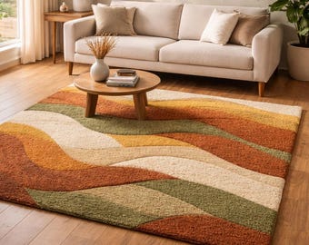Mid-Century Modern Wool Rug | Hand-Tufted Abstract Wave Design