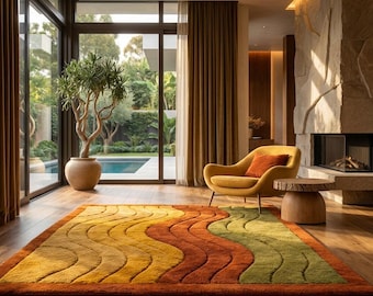 Boho Wave Area Rug | Retro Burnt Orange Olive Green Gold Abstract Rug | Mid Century Modern Living Room Rug | Tufted Colorful Bohemian Carpet