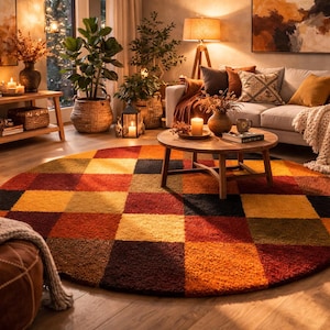Runder Patchwork-Teppich, Boho-Herbstfarbe Geometrischer Bodenteppich, Modernes Rustikales Wohnzimmerdekor, Bunter Statement-Teppich