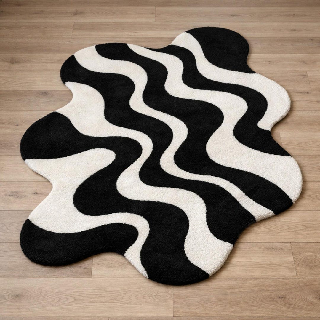 Hand Tufted Wool Rug, Black and White Wavy Abstract, Modern Decor - Etsy