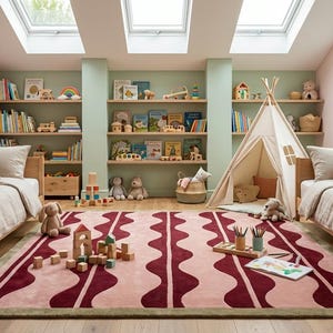 May include: A child's bedroom with two single beds, a play tent, and bookshelves. The room has a pink and green colour scheme, a patterned rug, and various toys and books. The beds have neutral-coloured bedding and colourful pillows.