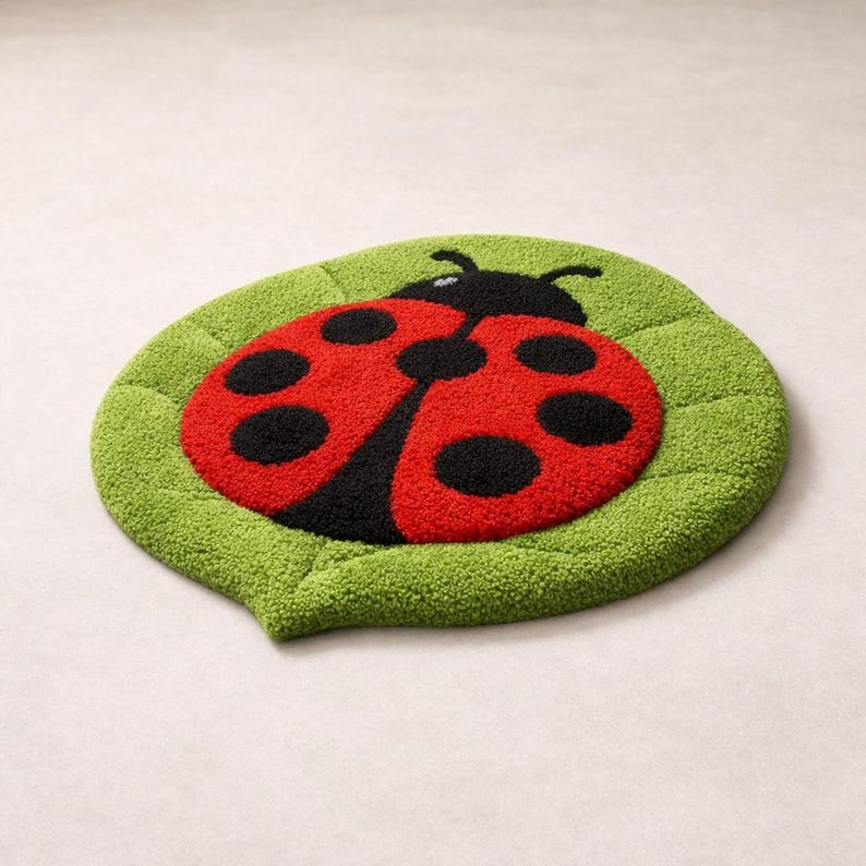Ladybug Kids Rug, Handmade Tufted Wool Nursery Rug, Cute Insect Leaf ...