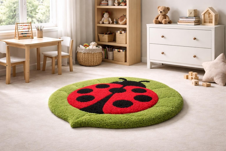 Ladybug Kids Rug, Handmade Tufted Wool Nursery Rug, Cute Insect Leaf ...