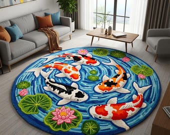 Alfombra de lana tejida a mano con peces koi – Diseño redondo de estanque de lirios