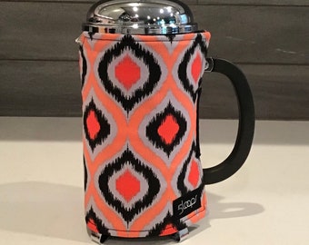 Funda para cafetera de prensa francesa con estampado moderno en naranja, rojo, negro y gris Funda para prensa francesa Funda para prensa francesa