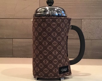 French Press Coffee Cozy in Brown Flannel Fabric Print French Press Wrap in Brown Flannel Print French Press Coffee Cover