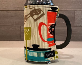 French Press Coffee Cozy in Mid-Century Modern fabric French Press Wrap French Press Cover in Fun Kitchen Cotton Print