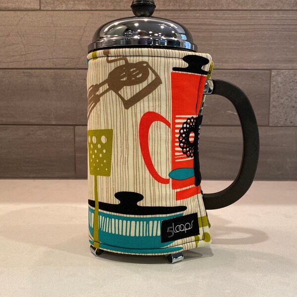 French Press Coffee Cozy in Mid-Century Modern fabric French Press Wrap French Press Cover in Fun Kitchen Cotton Print