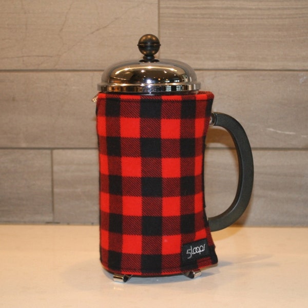 French Press Coffee Cozy Buffalo Plaid - French Press Cover Red and Black Buffalo Check - French Press Cosy