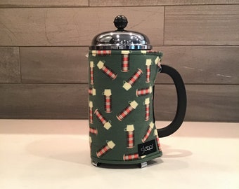 French Press Coffee Cozy Retro Thermos Print and Buffalo Plaid lining French Press Cover