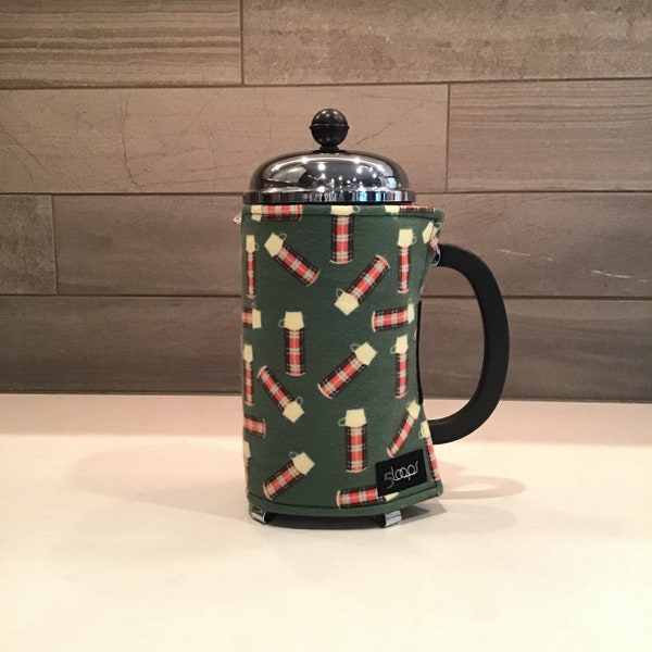 French Press Coffee Cozy Retro Thermos Print and Buffalo Plaid lining French Press Cover