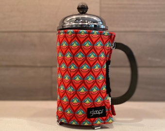 French Press Coffee Cozy in Holiday fabric, French Press Wrap, French Press Cover in Red and Green Cotton Print
