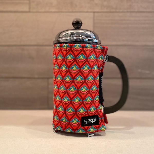 French Press Coffee Cozy in Holiday fabric, French Press Wrap, French Press Cover in Red and Green Cotton Print