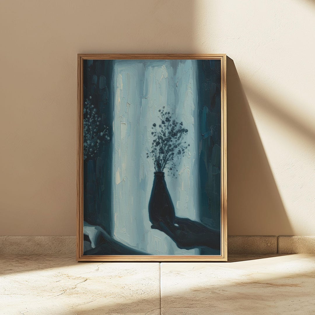 Blue Botanical Vase Art Print: Vintage Floral Painting Moody Modern ...