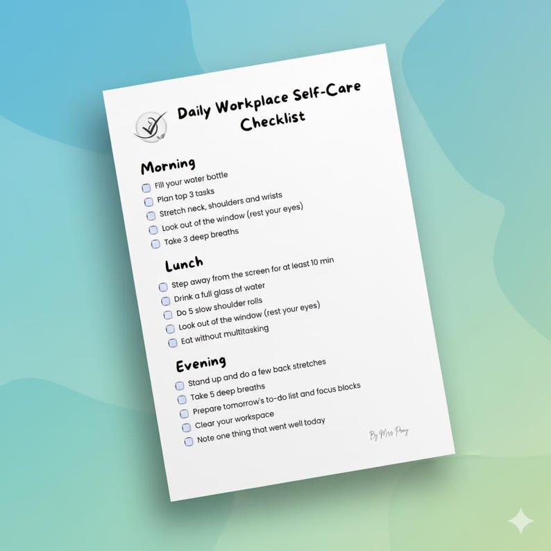 Daily Workplace Self-care Checklist | Printable & Fillable PDF | Desk ...