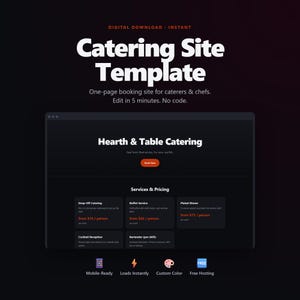 May include: A digital download catering site template with the text "Catering Site Template". The template is for caterers and chefs. The template includes services and pricing. The template is mobile-ready and loads instantly.