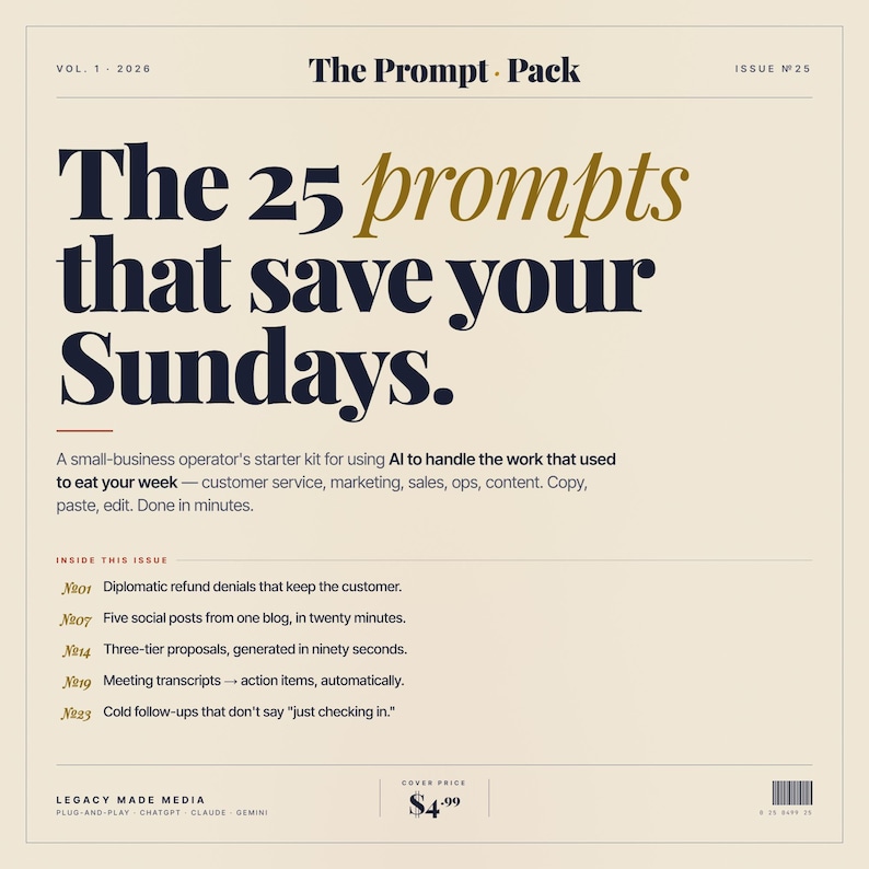 May include: A beige magazine cover with the title "The 25 prompts that save your Sundays." The text below describes a small-business operator's starter kit for using AI. The cover also lists the issue number, volume, and price.