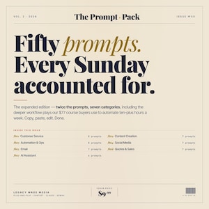 Może przedstawiać: Beżowa okładka magazynu z tytułem "The Prompt Pack". Nagłówek brzmi "Fifty prompts. Every Sunday accounted for". Okładka zawiera tekst o automatyzacji, tworzeniu treści i cenie 9,99 $.