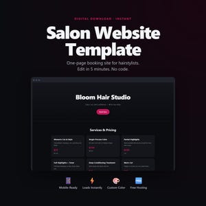 Peut inclure: Une maquette de site web sombre pour un salon de coiffure, avec le texte "Salon Website Template". La conception du site web comprend un site de réservation pour les coiffeurs, avec les services et les prix listés. Le modèle est compatible mobile et offre des options de couleurs personnalisées.