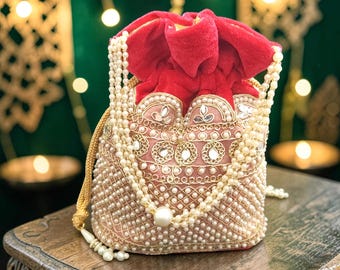 Luxury Potli Bag Bridal Purse |  Velvet Potli Bag | Indian Wedding Clutch | Embroidered Handbag Drawstring | Bridal Accessory Gift |