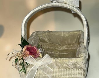 Set of 2 Handmade Ivory Flower Girl Baskets | Pearl Handle | Gold Satin Lining | Rose Floral Accent | Wedding Ceremony Basket Pair