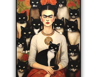 Frida Kahlo • Cuatro reproducciones diferentes de pósteres con retratos de gatos negros • RARO y difícil de encontrar • Disponible enmarcado •