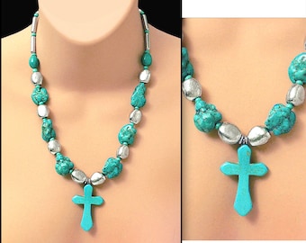 TURQUOISE & SILVER Nugget Howlite Cross Necklace • Classic Santa Fe + Southwest Design • One Of A Kind • Gift Boxed With Free Earrings Too!